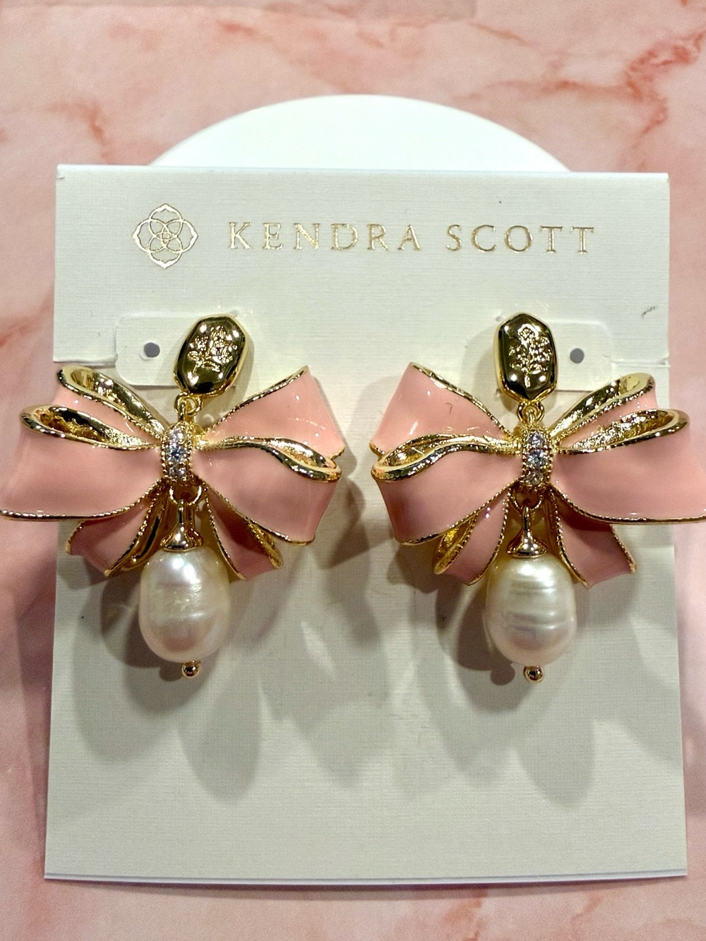 Kendra Scott | Gold Plated & Pink Enamel Bow Earrings with Pearl Drop | Medium